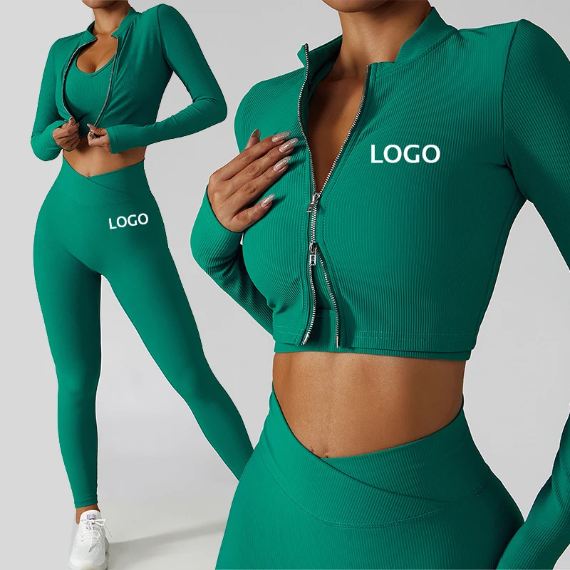 

Solid Ribbed Gym Wear For Women Long Sleeve Zip Crop Top Pants Set Butt Lifting Training Compression Yoga Leggings Suit