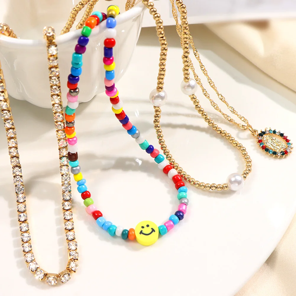 

Bohemian Colorful Crystal Virgin Mary Pendant Necklace Jewelry Fashion Exquisite Pearl Rice Beads Smiley Clay Necklace For Women, Gold color