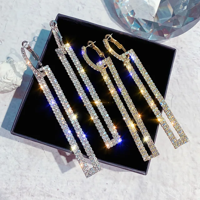 

Fashion Long Geometric Drop Luxury Rhinestone Rectangle Crystal Clip On Earrings For Women, Gold, silver,blue,customized-color