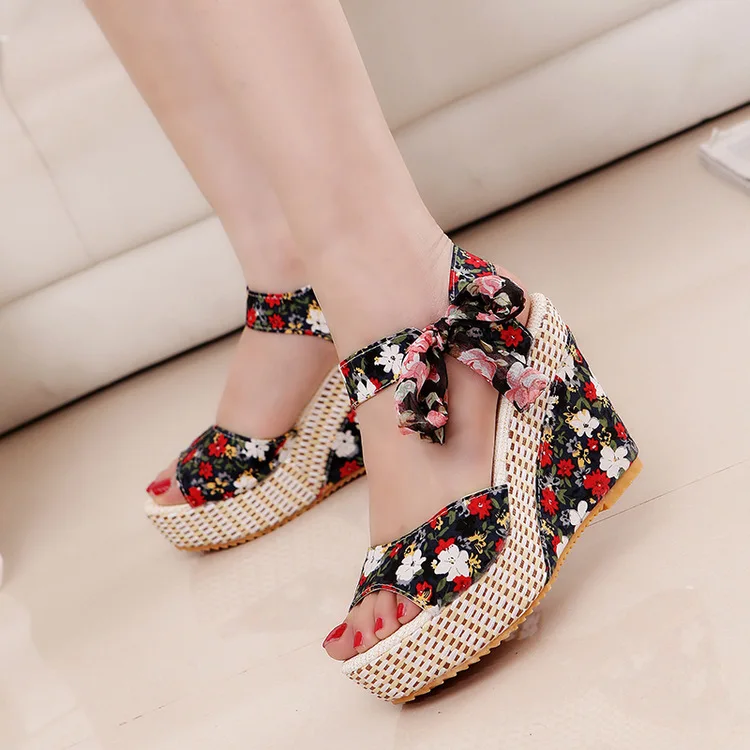 

Summer Sandals For Women With Thick Wedge Heels And High Heels With Bow Tie Ribbon Beach Fish Mouth Sandals, Red black blue