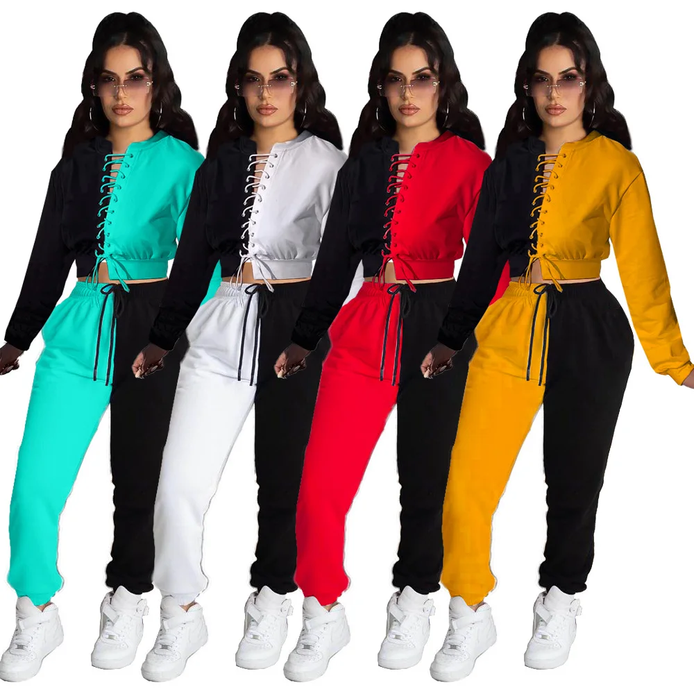 

Women Fall Clothing Tops Sweatshirt Patchwork Two Piece Pants Set Women Sports Wear Track Suit Bandage 2 Piece Pants Set