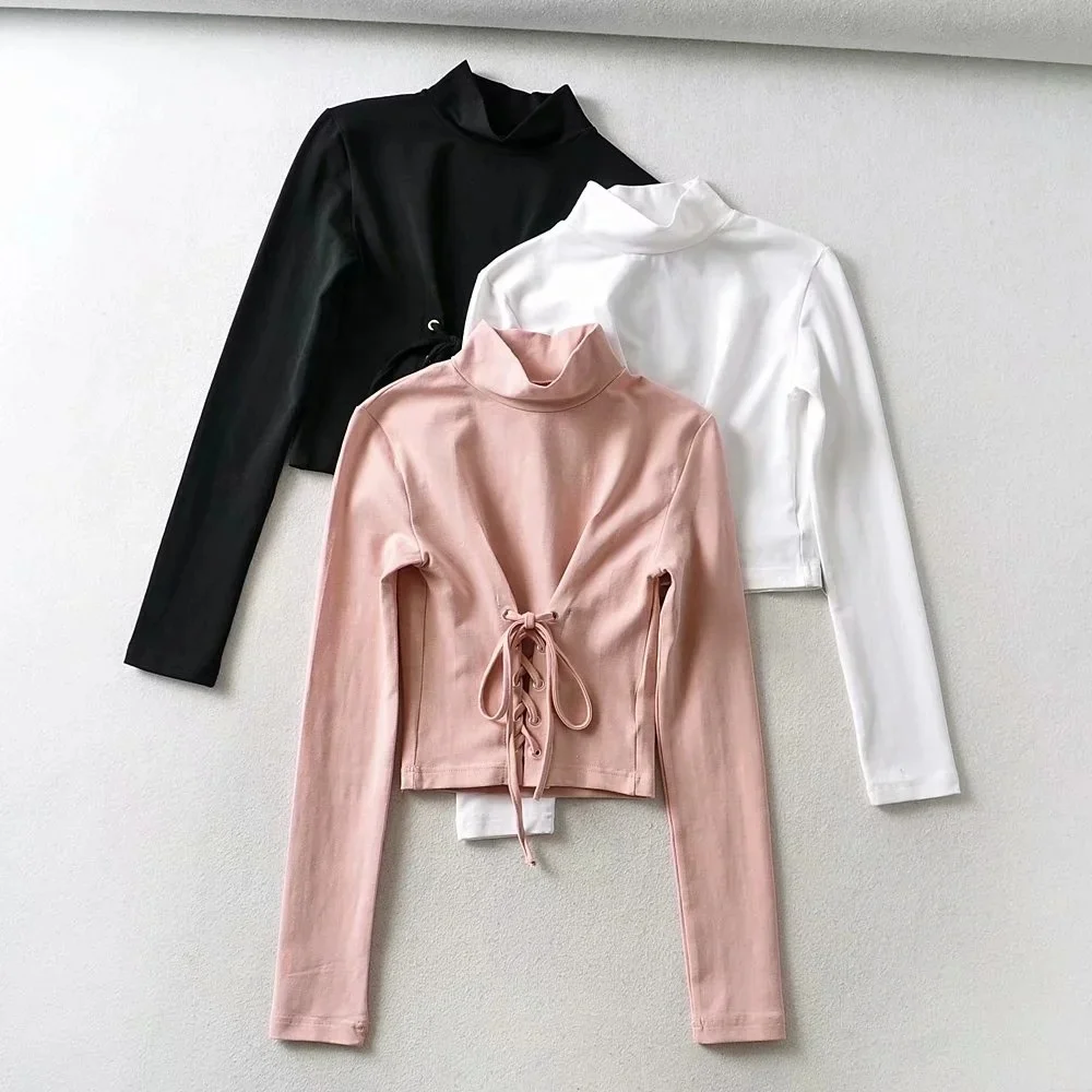 

B63262A 2020 new autumn women's long sleeve pure color high-collar shirt, White, black, pink