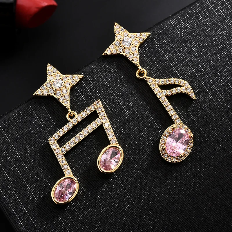 

HOVANCI 2021 Personalized Design Sterling Silver Pink Zircon Note Drop Earring Asymmetry Crystal Rhinestone Star Stud Earring, As picture show