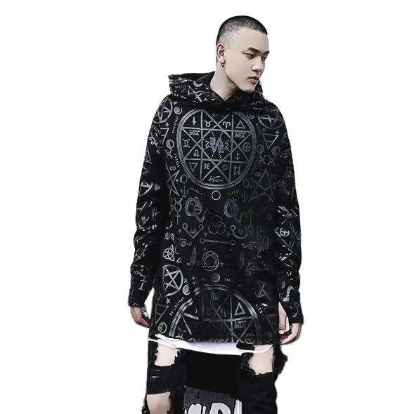 

Magic array full print long men's European and American trendy brand dark hooded pullover