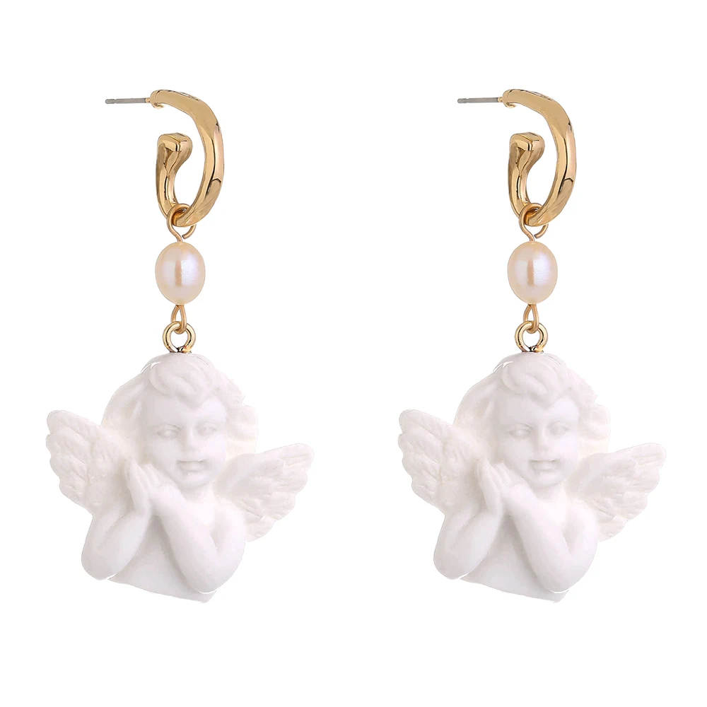 

Cute Smile Angel Wing Earrings With Natural Freshwater Pearl Gold Plated Hoop Dangle Cherub Earrings Girl Women