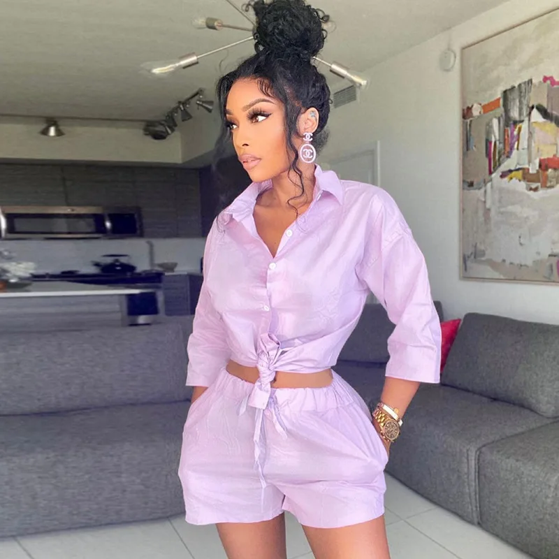 

2021 New Arrivals Summer Solid Color Lapel Sleeves Button Shirt with Pocket Shorts Set Elegant Women Two Piece Short Set, Picture