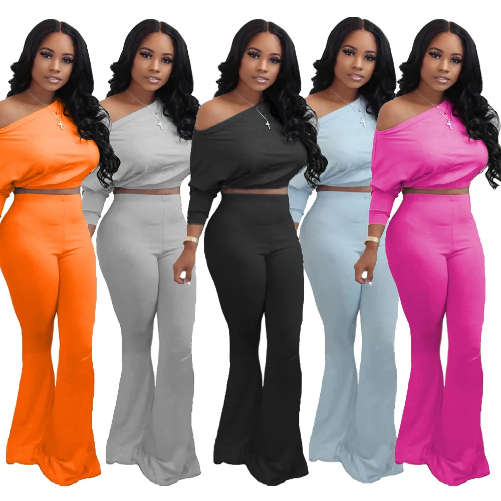 

Simple Solid Color One Shoulder Long Sleeve Flared Pants 2 Piece Set Women Women Fall Sets Fall Clothing, 5 colors