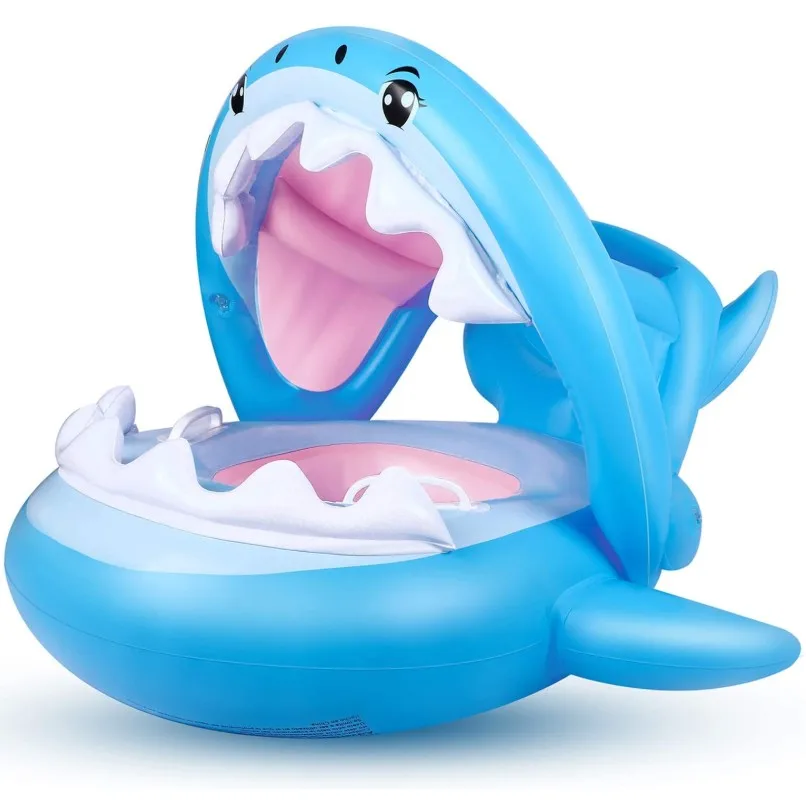 

High quality cartoon shark shape inflatable toddler swim ring float seat boat, Blue