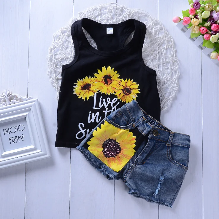 

AGRADECIDO Shorts Denim Baby Girl Tops Sunflower Sleeveless Boutique Kids Clothing Sets Outfit