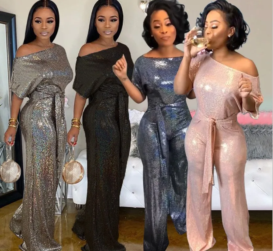 

2020 Fall 4colors ladies clothes party glitter shinny holographic bodycon wide leg pants belted one piece romper jumpsuit