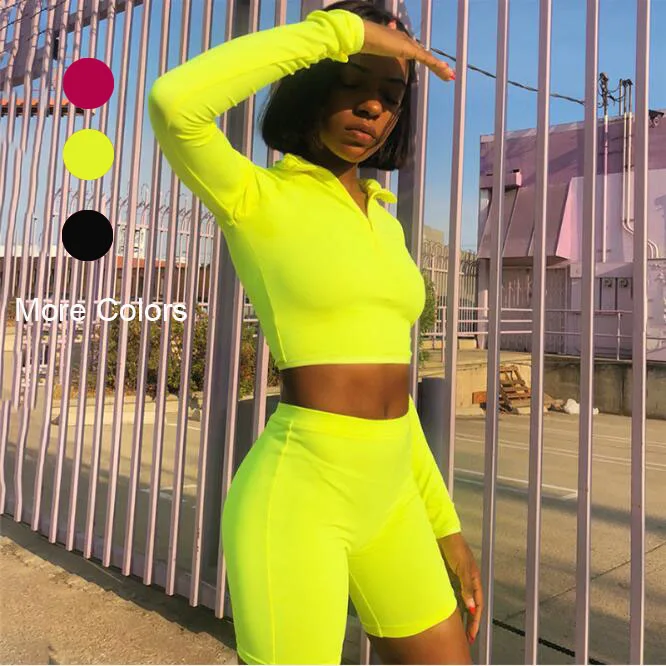 

Unique Promotion Women Fashion Neon High Waist Slim Long Sleeve Top Shorts Pants Casual Fitness Sports Suit, As pictures