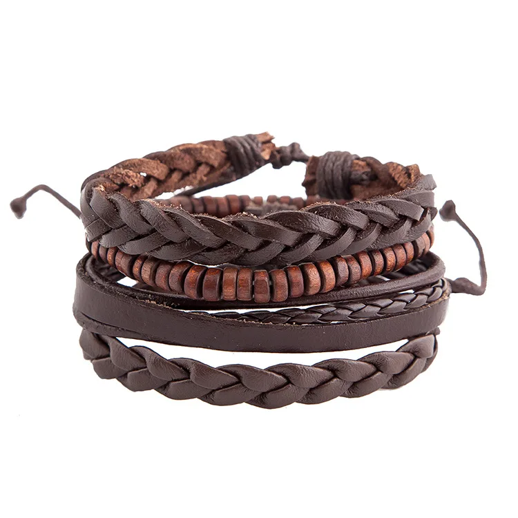 

Vintage Punk Wave Multilayer Leather Bracelet Men Fashion Braided Handmade Rope Wrap Wood Beads Bracelets & Bangles Male Gift, As picture