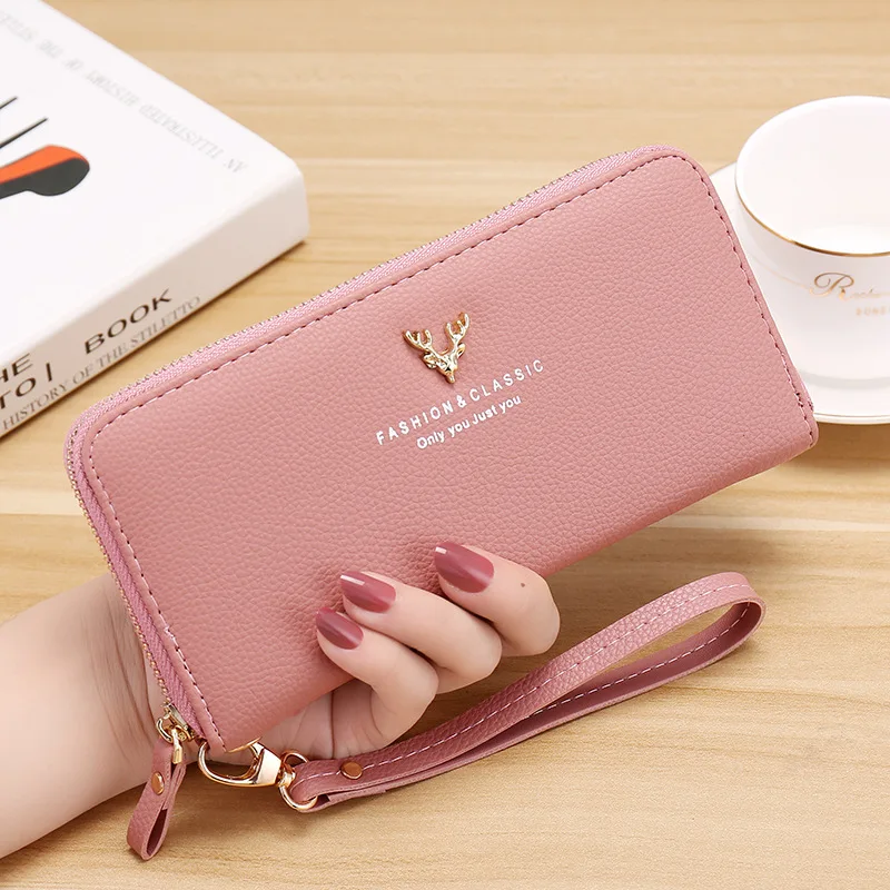 

New Female Retro Zipper Clutch PU Leather Student Daily Wristband Bag Card Holder Women`s Wallet Long Lady Money Clips Phone Bag, Red,gray,blue,dark pink,black,pink