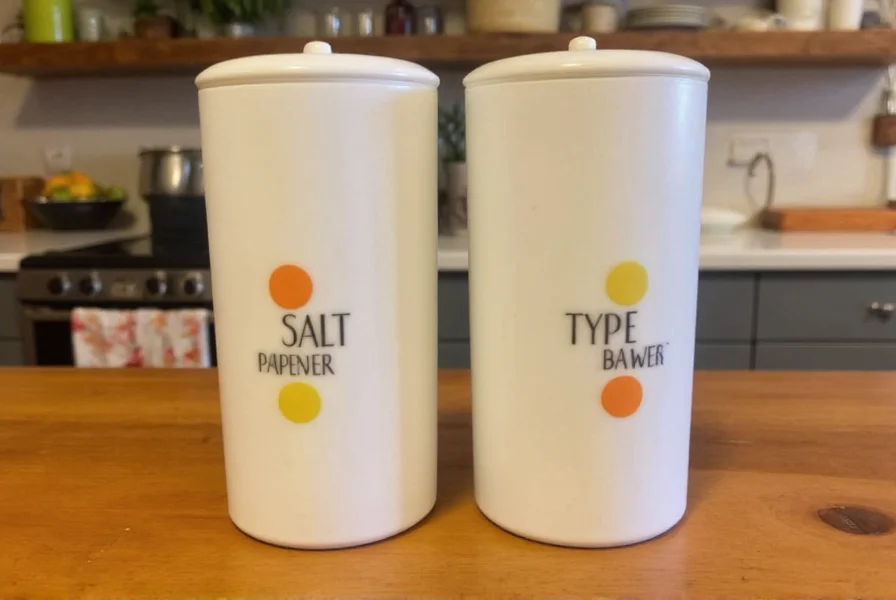 Vintage Tupperware salt and pepper set from 1960s displayed on wooden kitchen counter