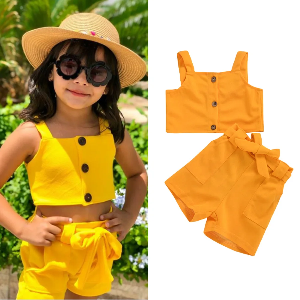 

2021 wholesale summer children's Suit Girl Ruffle vest solid shorts 2 piece set infant toddler outfits baby girl clothes, Picture shows