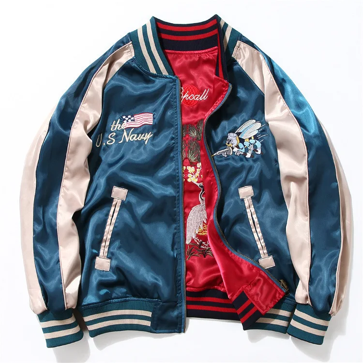 

TY Custom College Jacket Embroidered Satin Baseball Jacket Reversible Bomber for Men, Reversible bomber jacket in blue red