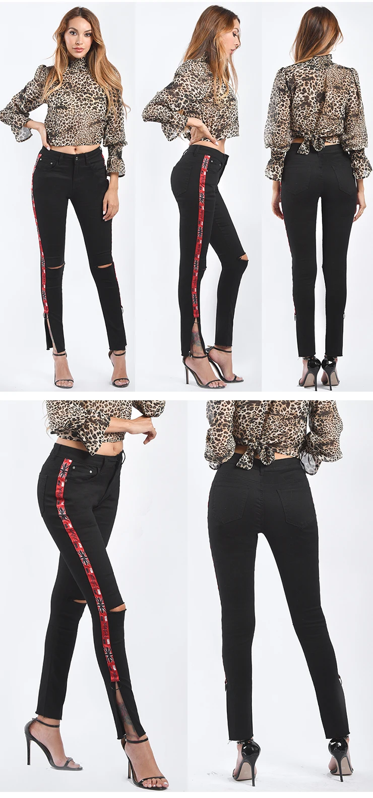 Pantalones De Moda De Mujer Lado Rojo Rayas Parche Pantalón Jeans Vaqueros  Pantalones De Mujer - Buy Pantalones Vaqueros De Fondo Estrecho Product on  Alibaba.com