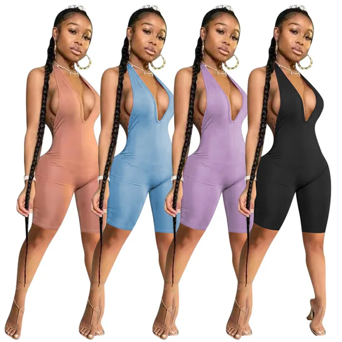 

M8968-2021 summer solid color deep v neck backless short jumpsuit summer jumpsuits women shorts, Picture shown