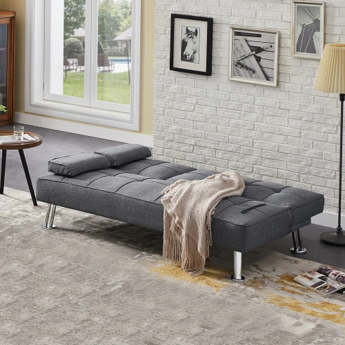 

Free shipping Modern Convertible Folding Futon Sofa Bed with2 Cup holders Removable Armrests Fabric Loveseat Sofa Bed