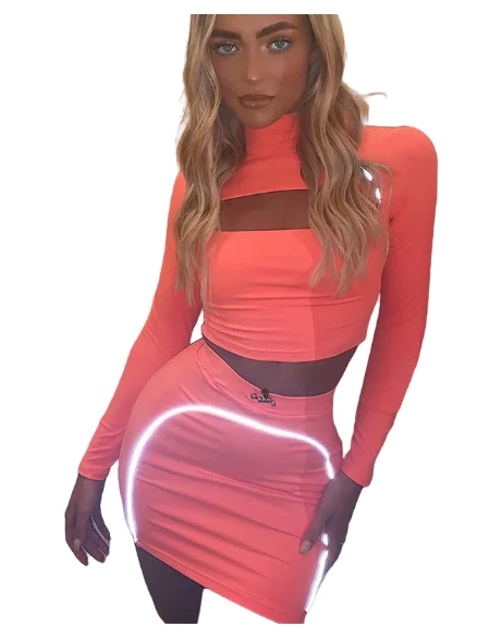 

2021 summer Fashion Neon Reflective Long Sleeves Blouse And Mini Skirt Two Piece Set Skirt Women Clothing, Photo color