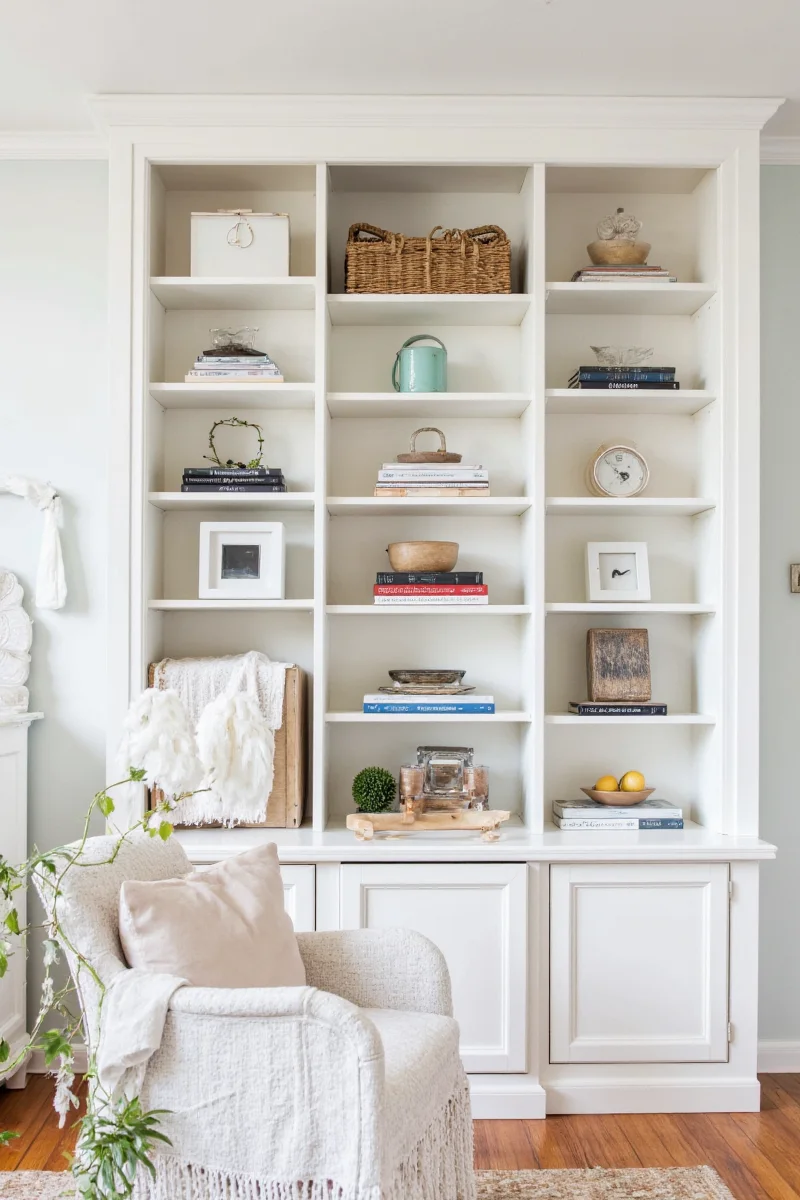 Antique white bookcase with farmhouse details