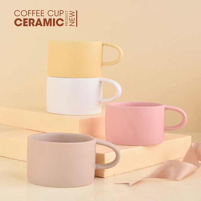 

Wholesale Macaron 200ml Colorful Ceramic Matte Tea Milk Drinking Cup Coffee Mug With Handle, Customized