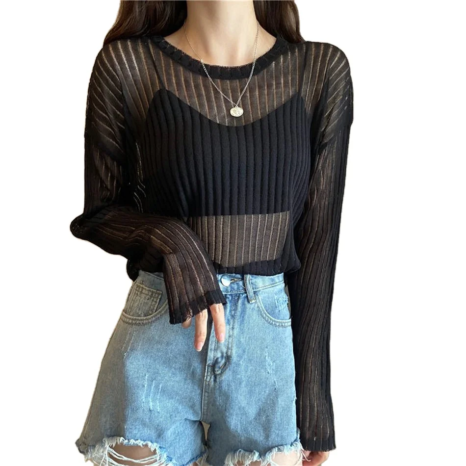 

Ice silk thin summer sunscreen knit sweater shirt women's air-conditioning clothes sun protection blouse shirt shawl for beach