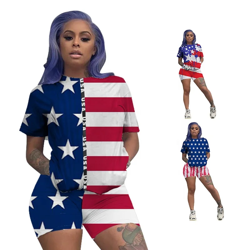 

Amazon Europe and America explosions women's casual American flag printed short-sleeved two-piece suit