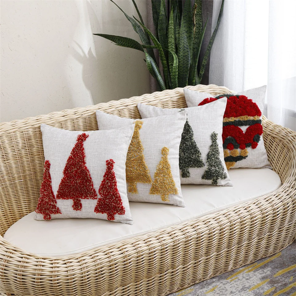 

HUAIAN GOODLIFE Christmas Boho Tufted Cushion Cover 45x45 Decorative Home Throw Pillow Cover Trees Santa Claus Pillow Case