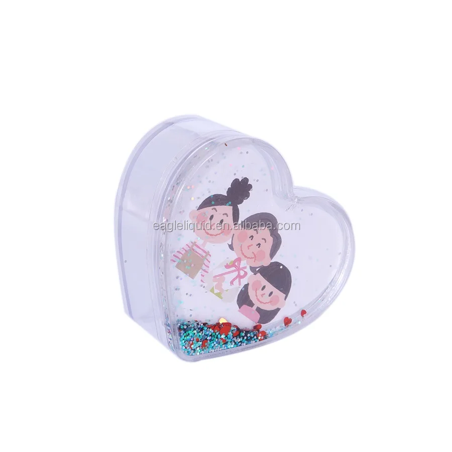 

Latest Design Promotional Family Home Decoration Heart Shaped Photo Snow Globe Box Custom Water Love Photo Frame, Clear acrylic, colorful glitters