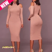 

Wholesale Bulk Women's Clothing Fashion Knit Long Sleeve Sexy Cold Shoulder Women Bodycon Dress 2019