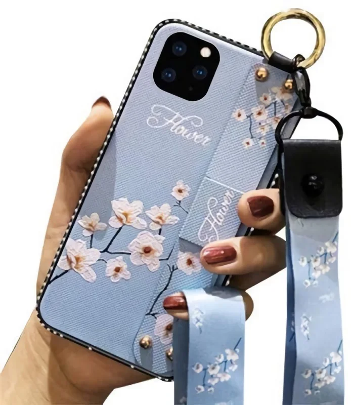 

Case for iPhone 12 Pro Max Cute Floral with Ring Cover Wrist Strap Bling Diamond Rugged Frame Cell phone Cover for Girls