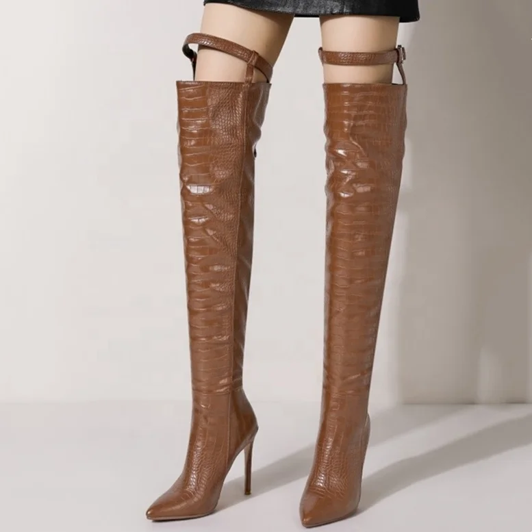 

Crocodile Print Pointy Toe Women Thigh High Boots Buckle Strap Over Knee High Boots Back Zipper Fashion, Black red brown