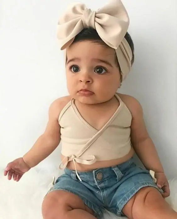 

2021 Children 0-5 years Two Piece backless Set Toddler Kids Sleeveless Tops denim Shorts Outfits Summer Baby Girls Clothes, Beige