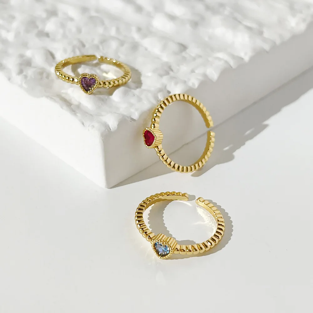 

European Hot Women Heart Open Rings Minimalist 18K Gold Plated Colorful Zircon CZ Heart Rings Trendy Jewelry