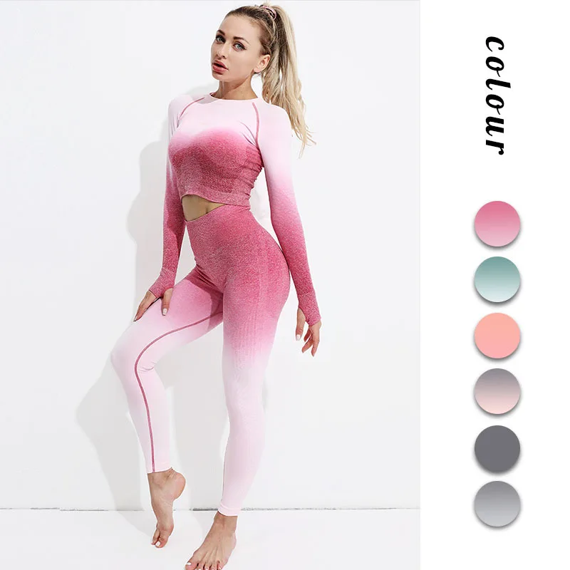 

Women's Sportswear Yoga Gradients 2 Piece Set Tie Dye Bra Sets Fitness Clothing Long Sleeve Crop Top High Waist Leggings Suits, Green,pink,rose red,peach red,orange, light grey ,light grey