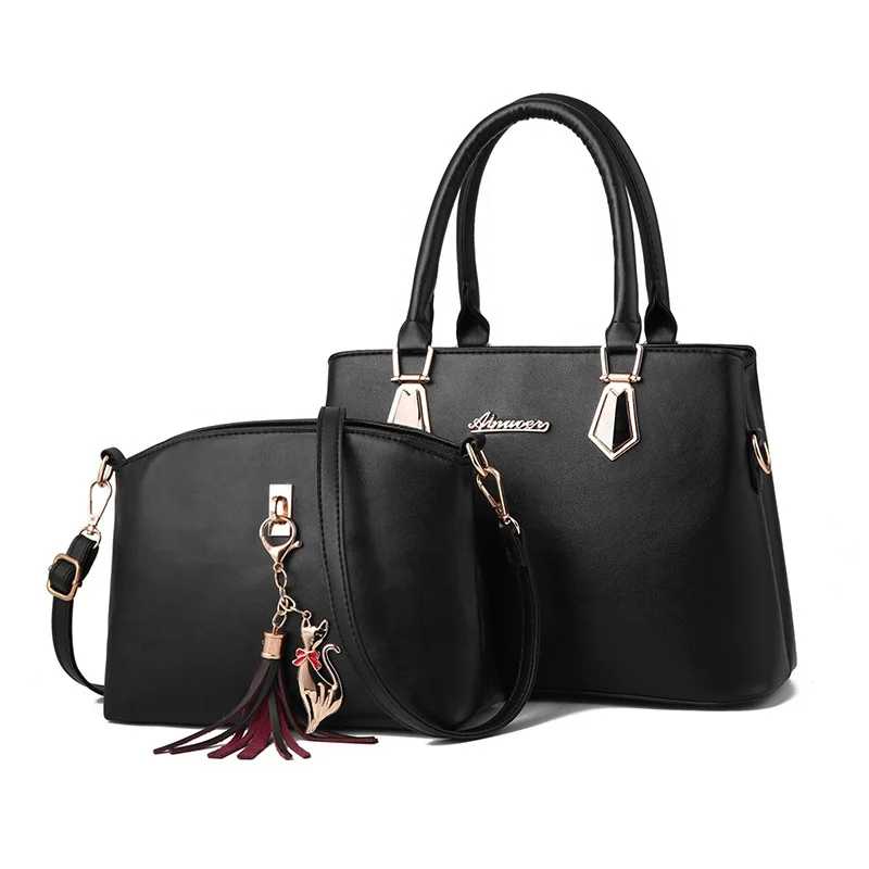 

2020 latest elegant 2 pcs set lichee leather handbag set for women with tassel and cat ladies bags handbag set