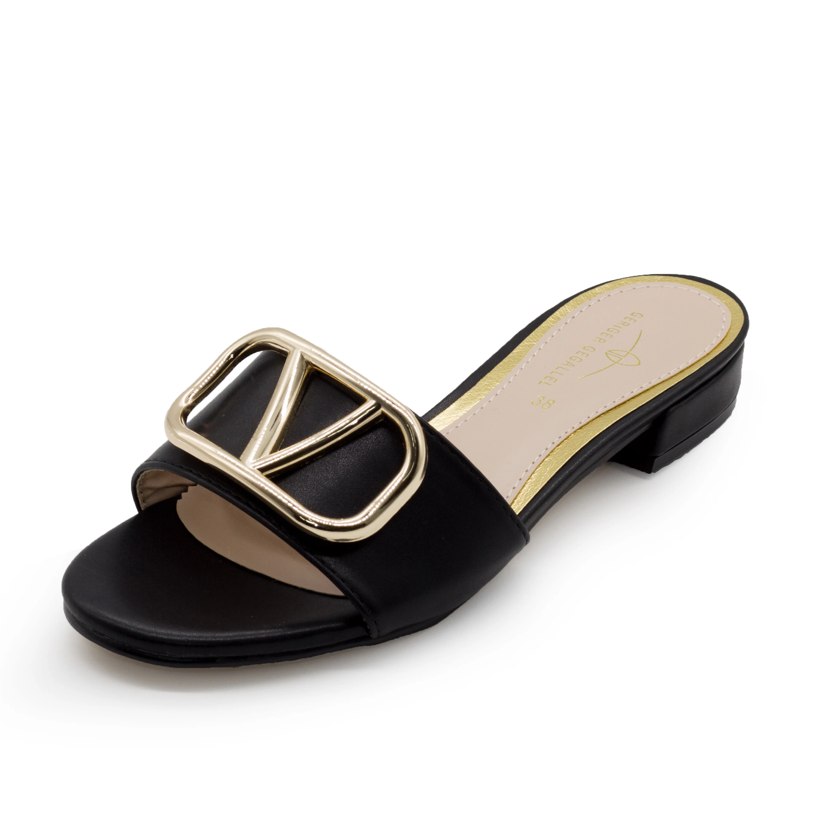 

OEM Custom Brand-V Low Heel Slides 1551-10 Women's Summer Shoes Ladies Leather Slides