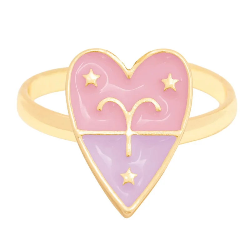 

Y2K French girl sweet Dripping Oil INS designer 12 constellation Zodiac heart star cute pink purple enamel open adjustable ring, Picture