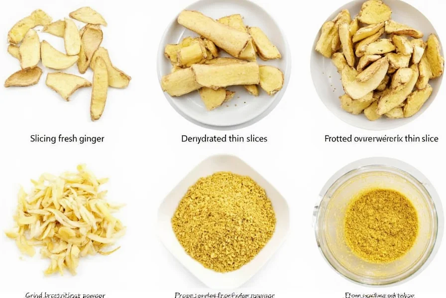 Step-by-step process of slicing fresh ginger root, dehydrating thin slices, and grinding into fine powder