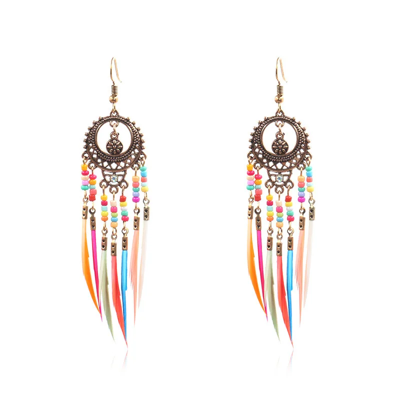 

JUHU European And American Personality Exaggerated Hollow Bohemian Colorful Rice Beads Feather Tassel Earrings, 0841,0840,0333,0334,0842,0843