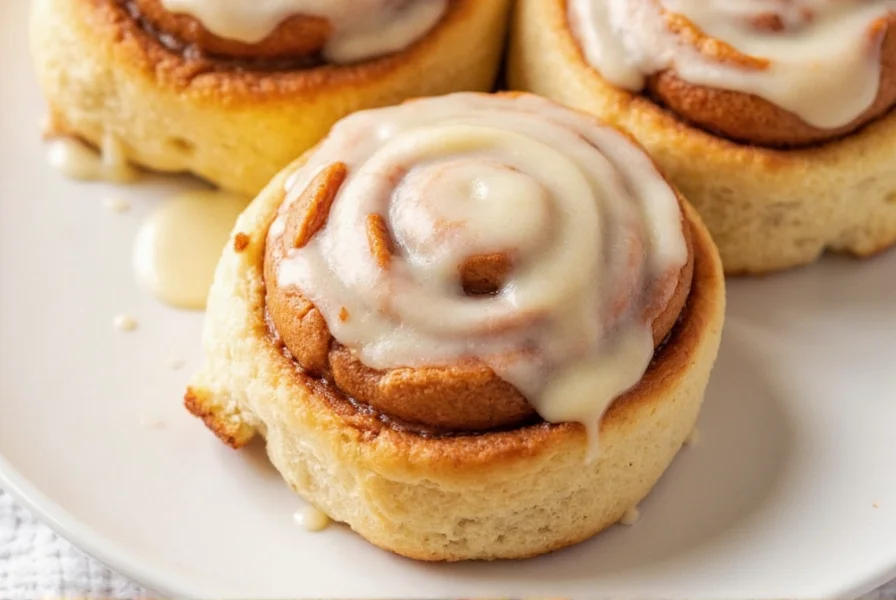 Freshly baked cinnamon rolls with heavy cream showing perfect swirls and glossy cream cheese frosting