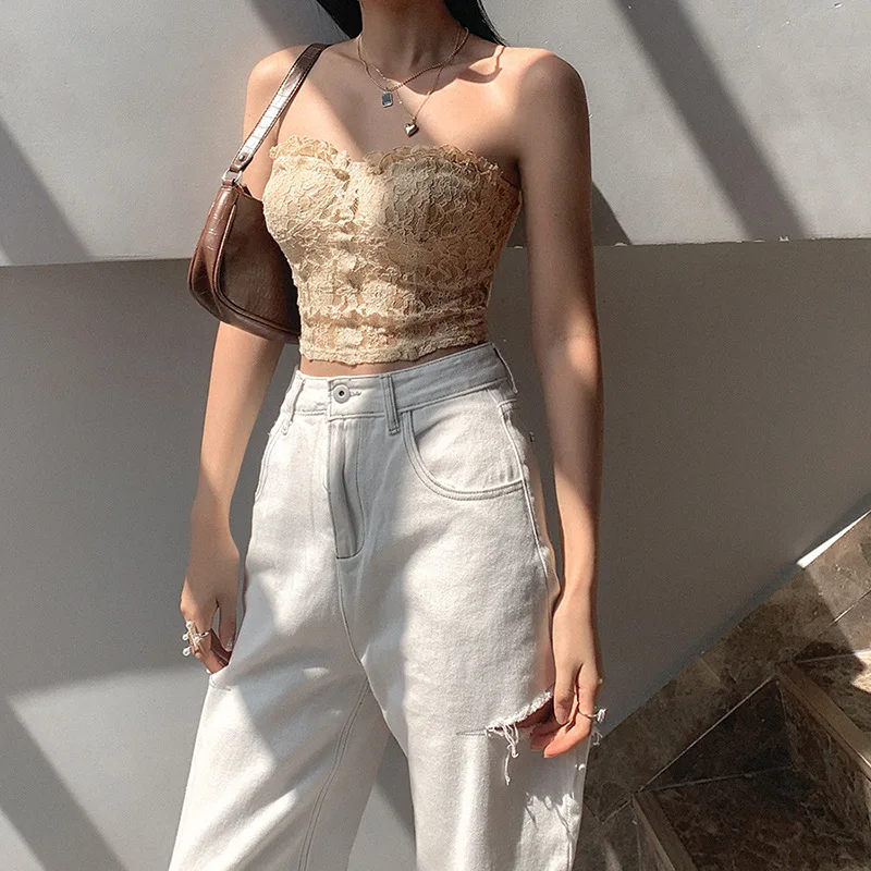 

2021 Cryptographic Strapless Mesh Lace Sheer Crop Tops for Women Sexy Backless Sleeveless Cropped Feminino Tops Underwear, Picture shown