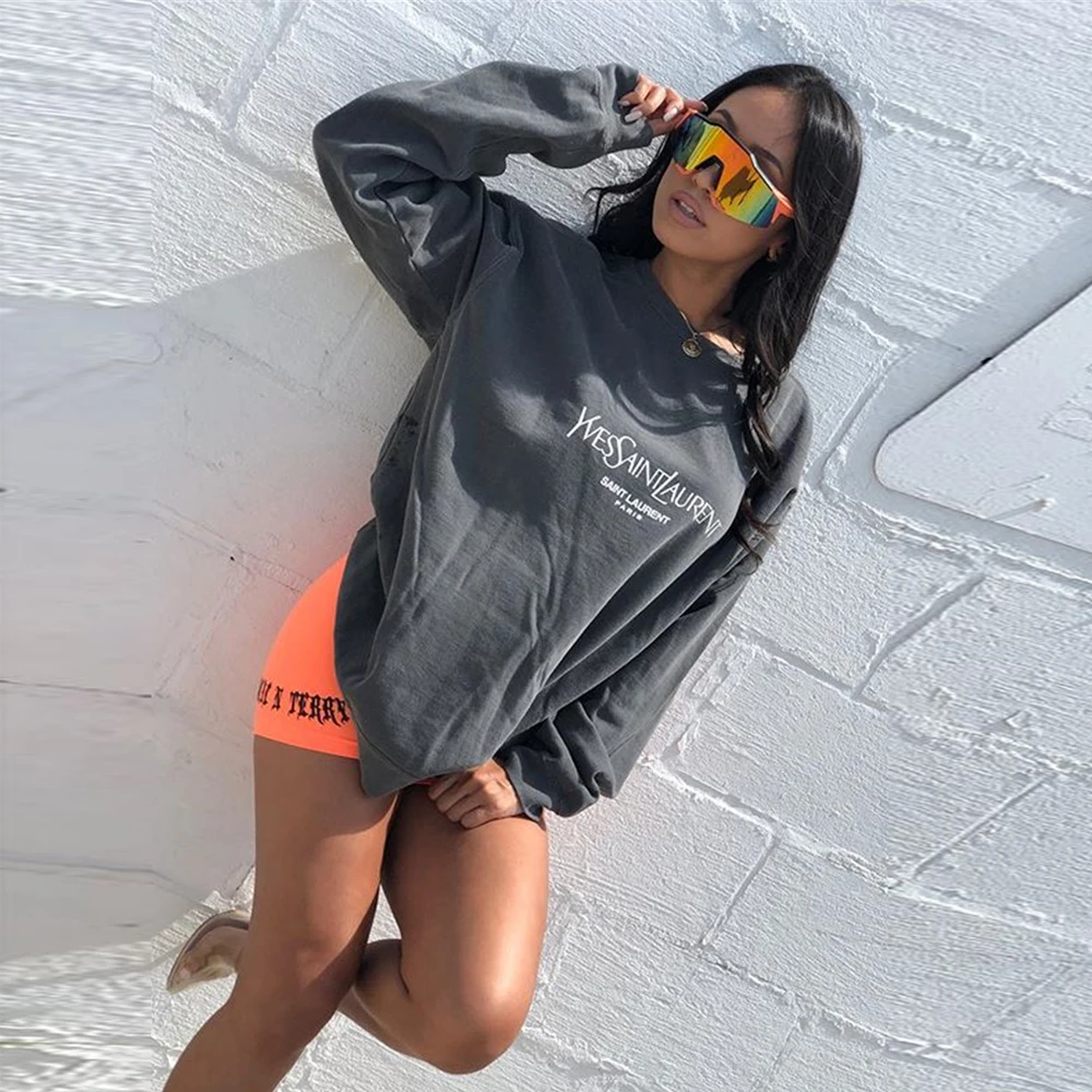 
8282 Cotton Material Printed Pullovers Women Long Sleeve Oversize Gray Color Tops High Quality Streetwear Holiday Cool Clothes 