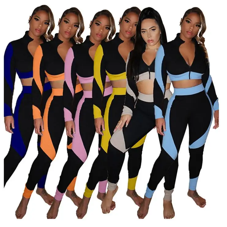

Zipper V Neck Sexy Crop Top Fall ladies Clothes Two 2 Piece Set Women Clothing