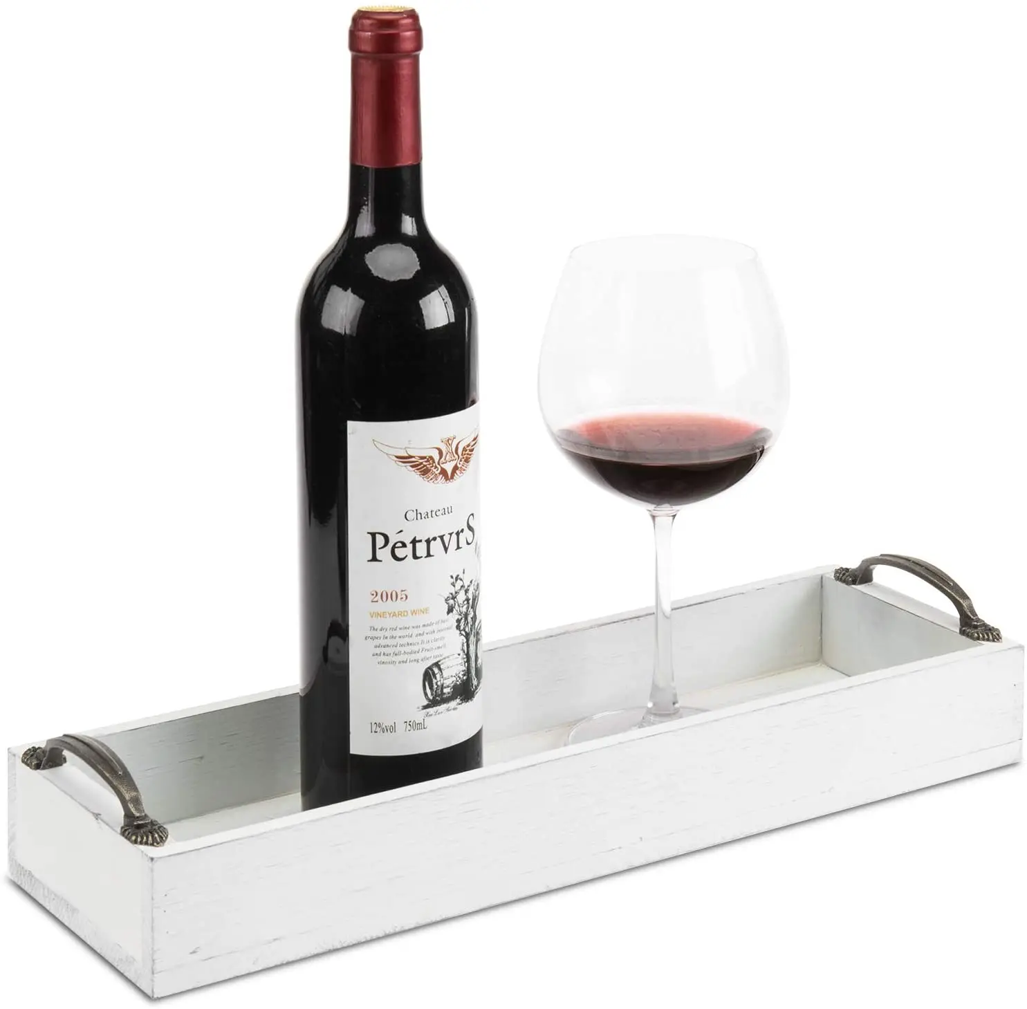 

Vintage White Wood Rectangular Serving Tray with Decorative Antique Metal Handles, Customized color