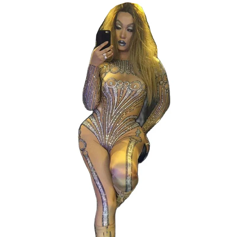 

Sexy Long Sleeves Nude Color Bodycon Rhinestones One Piece Playsuit Women Club Jumpsuit Pole Dance Stage Performance Outfits