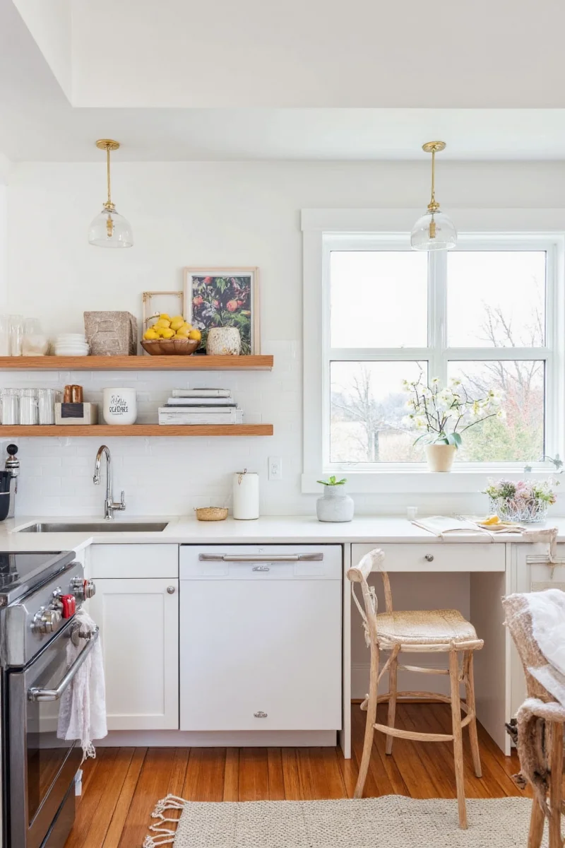 Bright, modern small kitchen with open shelving