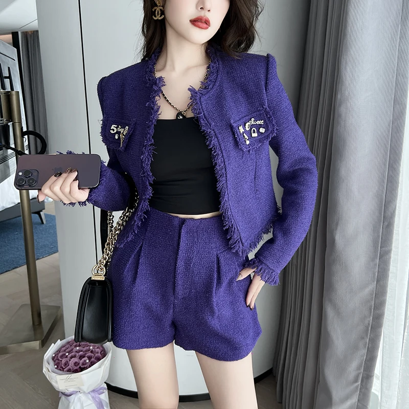 

ZYHT 6133 Luxury Unique Vintage Women Set Women Tweed Jacket With Shorts Fall Set Women'S Suits Two Pieces Set For Ladies