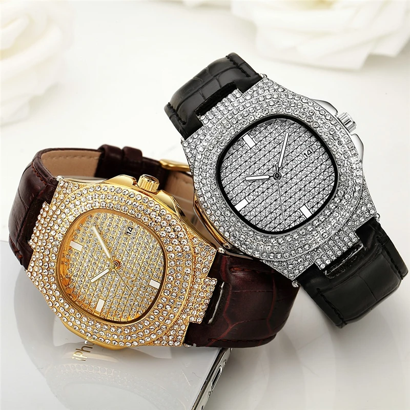 

Iced Out Gold Quartz Unisex Diamond Design Hand Wrist Leather Watch For Women